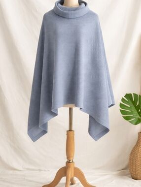 Snapdragon Blue Ribbed  Turtleneck Cashmere Puncho